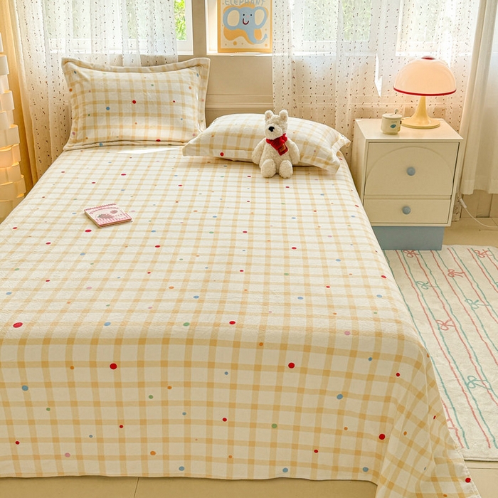 91家纺网 家纺一手货源 找家纺 丽美人 2025新款高克重印花牛奶绒无印风床单款（A类母婴级面料） 波点黄格