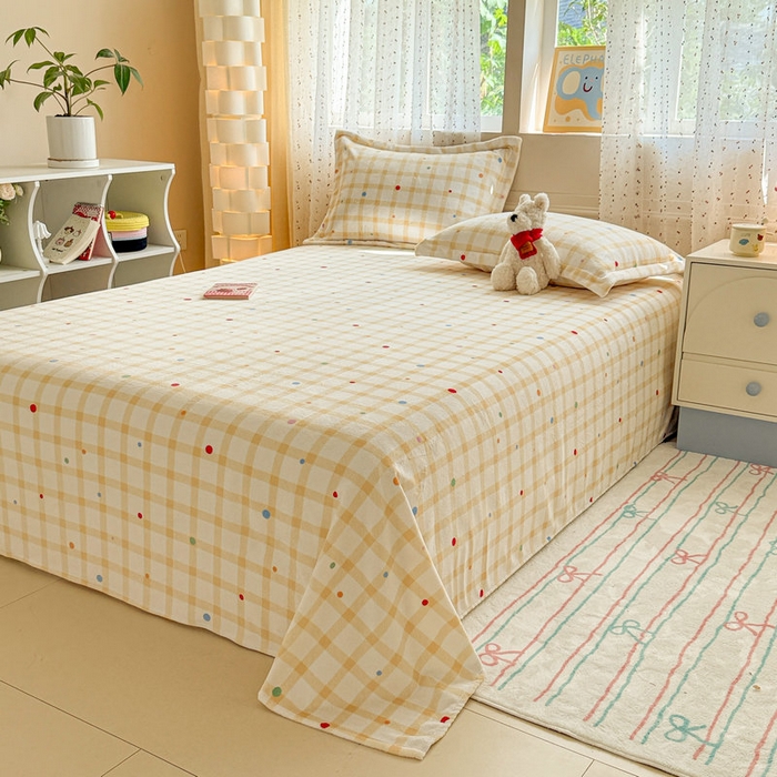 91家纺网 家纺一手货源 找家纺 丽美人 2025新款高克重印花牛奶绒无印风床单款（A类母婴级面料） 波点黄格