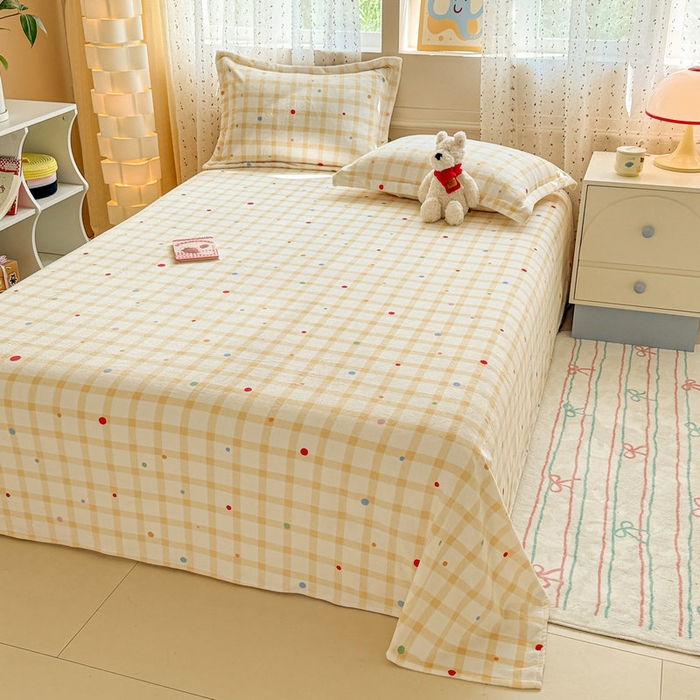 91家纺网 家纺一手货源 找家纺 丽美人 2025新款高克重印花牛奶绒无印风床单款（A类母婴级面料） 波点黄格