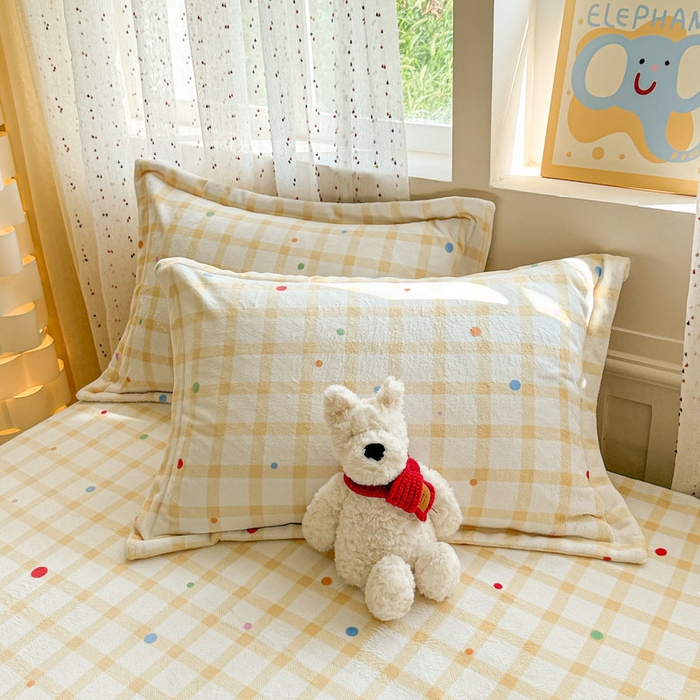 91家纺网 家纺一手货源 找家纺 丽美人 2025新款高克重印花牛奶绒无印风床单款（A类母婴级面料） 波点黄格