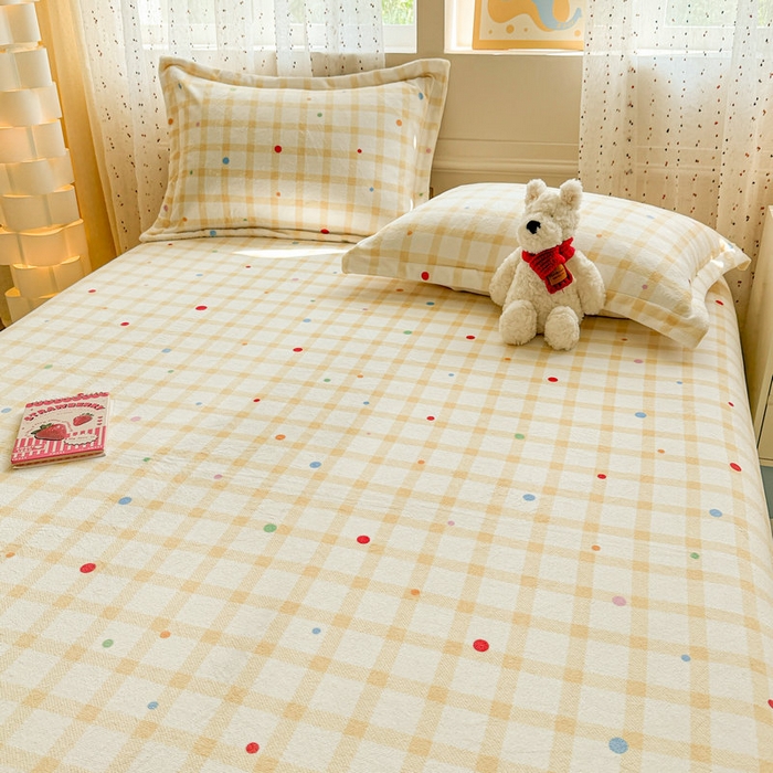 91家纺网 家纺一手货源 找家纺 丽美人 2025新款高克重印花牛奶绒无印风床单款（A类母婴级面料） 波点黄格