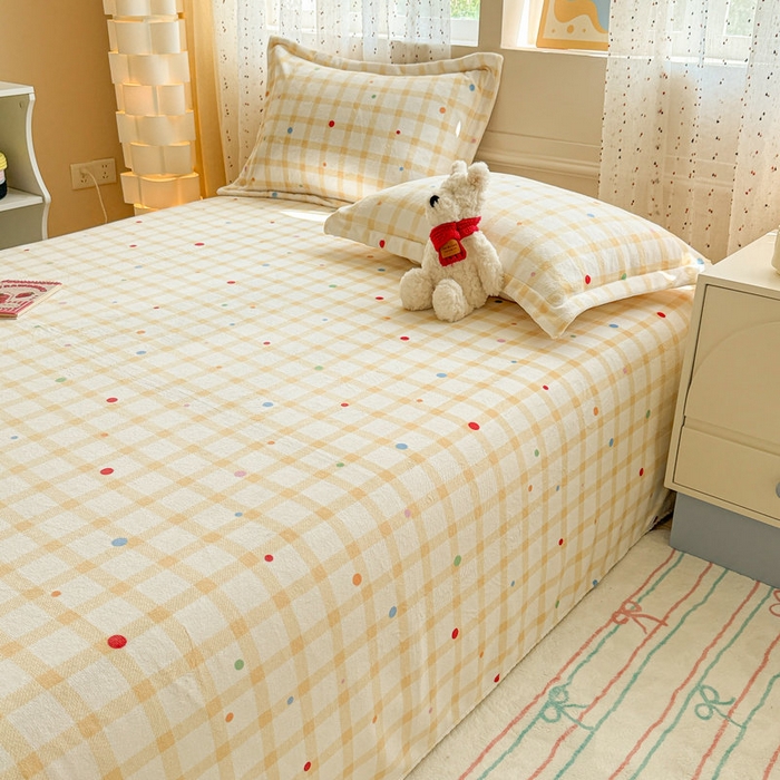 91家纺网 家纺一手货源 找家纺 丽美人 2025新款高克重印花牛奶绒无印风床单款（A类母婴级面料） 波点黄格