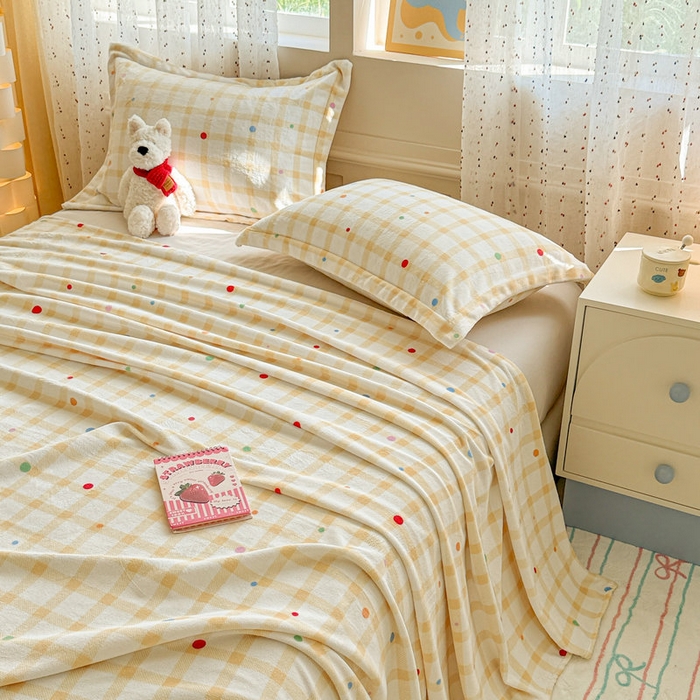 91家纺网 家纺一手货源 找家纺 丽美人 2025新款高克重印花牛奶绒无印风床单款（A类母婴级面料） 波点黄格