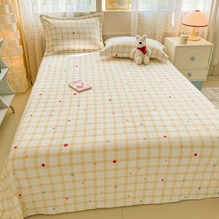 91家纺网 家纺一手货源 找家纺 丽美人 2025新款高克重印花牛奶绒无印风床单款（A类母婴级面料） 波点黄格