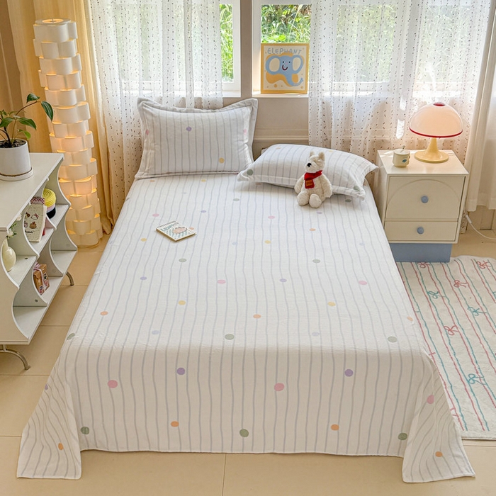 91家纺网 家纺一手货源 找家纺 丽美人 2025新款高克重印花牛奶绒无印风床单款（A类母婴级面料） 波点蓝条