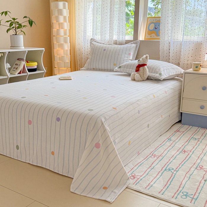 91家纺网 家纺一手货源 找家纺 丽美人 2025新款高克重印花牛奶绒无印风床单款（A类母婴级面料） 波点蓝条