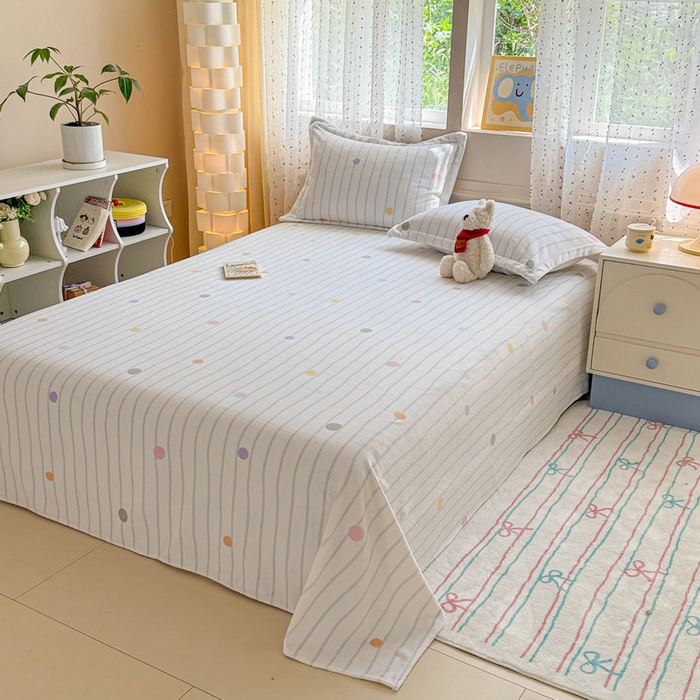 91家纺网 家纺一手货源 找家纺 丽美人 2025新款高克重印花牛奶绒无印风床单款（A类母婴级面料） 波点蓝条