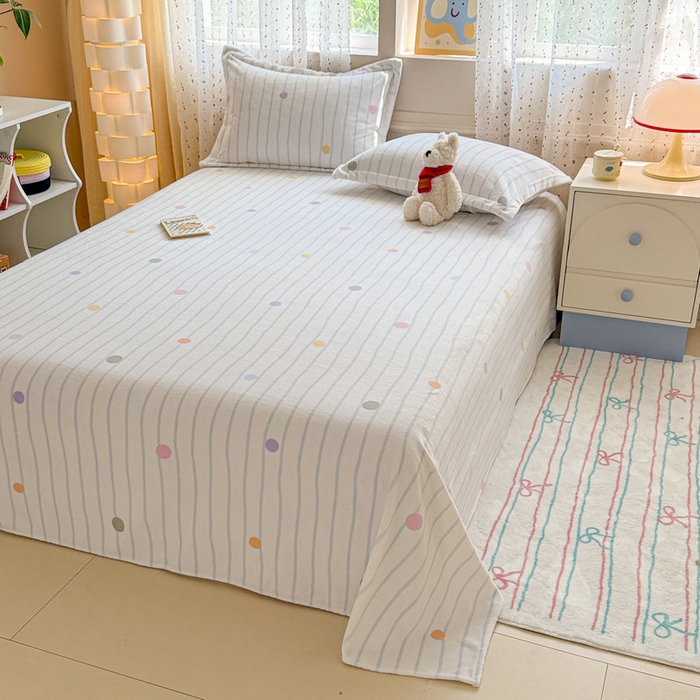 91家纺网 家纺一手货源 找家纺 丽美人 2025新款高克重印花牛奶绒无印风床单款（A类母婴级面料） 波点蓝条