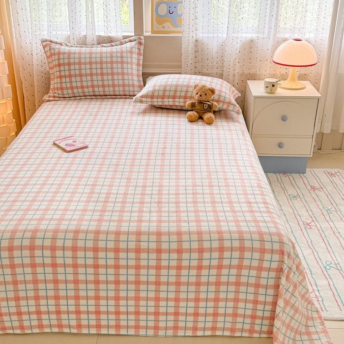 91家纺网 家纺一手货源 找家纺 丽美人 2025新款高克重印花牛奶绒无印风床单款（A类母婴级面料） 蓝粉大格