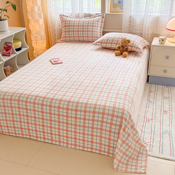 91家纺网 家纺一手货源 找家纺 丽美人 2025新款高克重印花牛奶绒无印风床单款（A类母婴级面料） 蓝粉大格