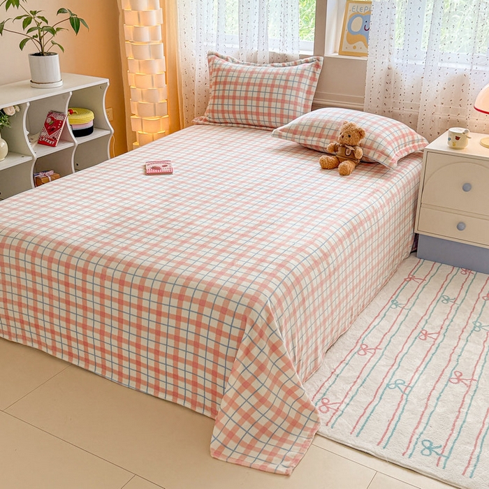 91家纺网 家纺一手货源 找家纺 丽美人 2025新款高克重印花牛奶绒无印风床单款（A类母婴级面料） 蓝粉大格