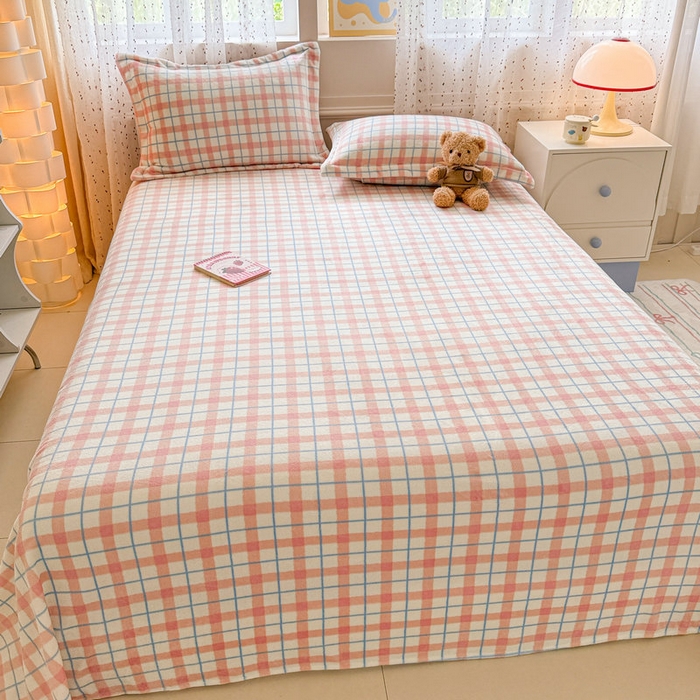 91家纺网 家纺一手货源 找家纺 丽美人 2025新款高克重印花牛奶绒无印风床单款（A类母婴级面料） 蓝粉大格