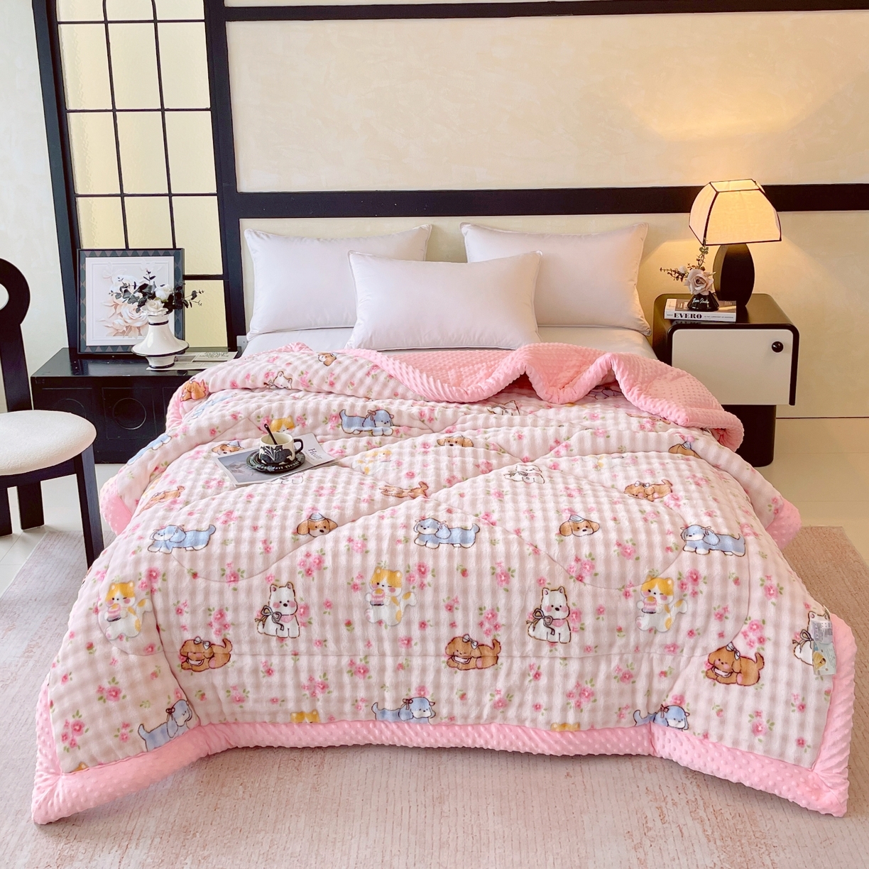 91家纺网 家纺一手货源 找家纺 云家 2025直播热款兔兔绒豆豆被三层夹棉加厚毛毯毯子牛奶绒冬被泡泡兔毛绒保暖被子被芯 萌宠派对