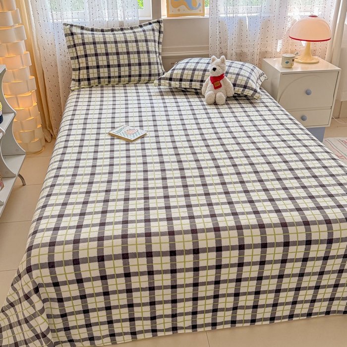 91家纺网 家纺一手货源 找家纺 丽美人 2025新款高克重印花牛奶绒无印风床单款（A类母婴级面料） 浅绿灰格