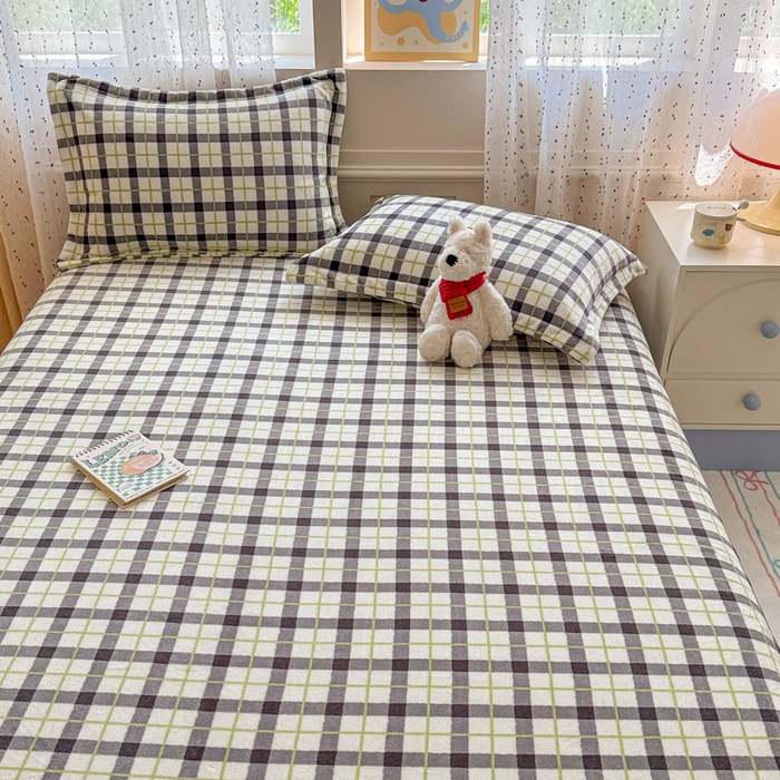 91家纺网 家纺一手货源 找家纺 丽美人 2025新款高克重印花牛奶绒无印风床单款（A类母婴级面料） 浅绿灰格