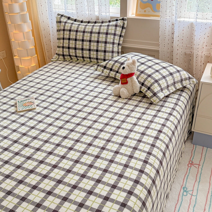 91家纺网 家纺一手货源 找家纺 丽美人 2025新款高克重印花牛奶绒无印风床单款（A类母婴级面料） 浅绿灰格