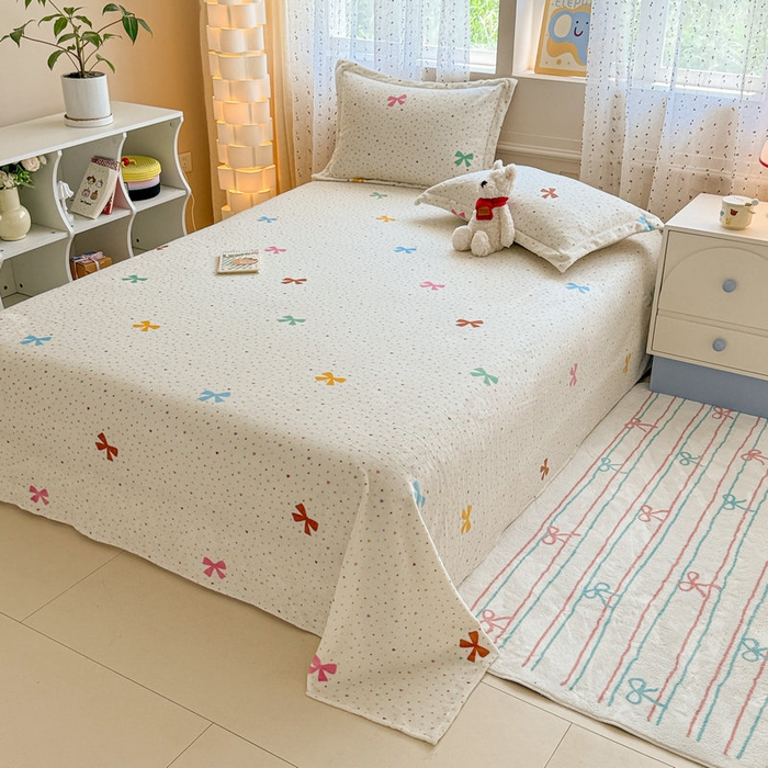 91家纺网 家纺一手货源 找家纺 丽美人 2025新款高克重印花牛奶绒无印风床单款（A类母婴级面料） 波点蝴蝶结