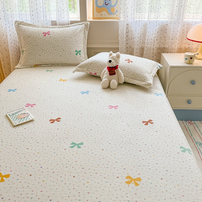 91家纺网 家纺一手货源 找家纺 丽美人 2025新款高克重印花牛奶绒无印风床单款（A类母婴级面料） 波点蝴蝶结