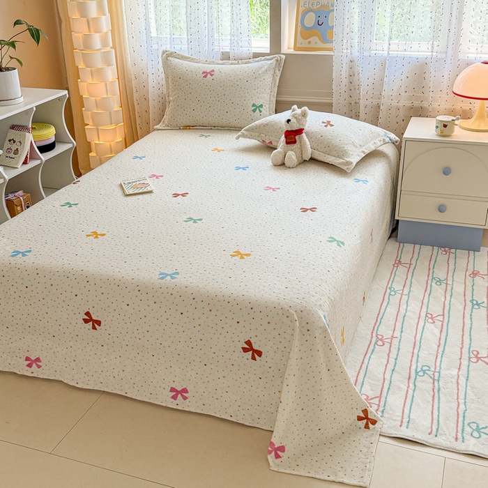 91家纺网 家纺一手货源 找家纺 丽美人 2025新款高克重印花牛奶绒无印风床单款（A类母婴级面料） 波点蝴蝶结