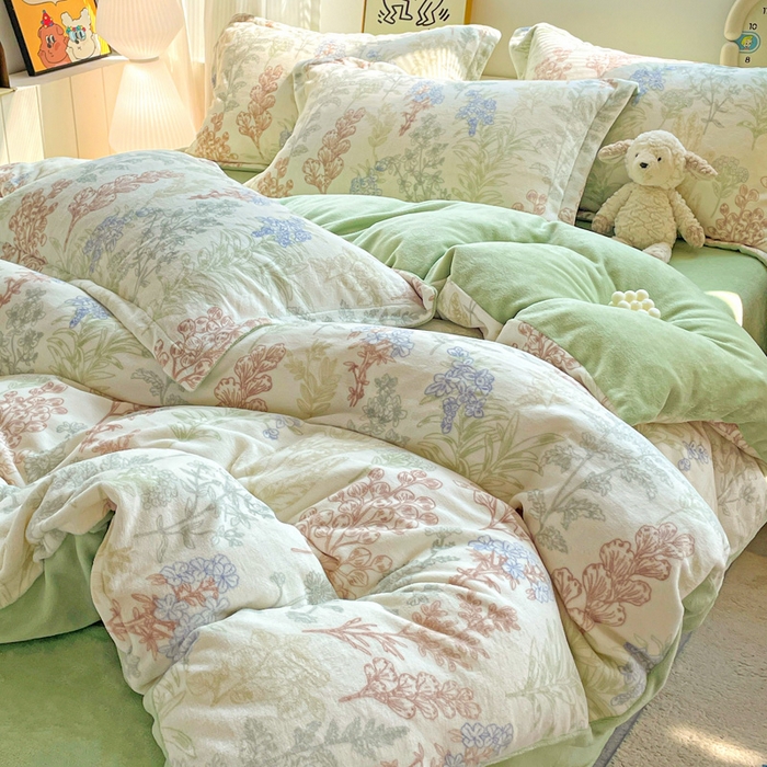 91家纺网 家纺一手货源 找家纺 简一 2025新款小清新牛奶绒印花四件套-花卉系列 幽兰花谷