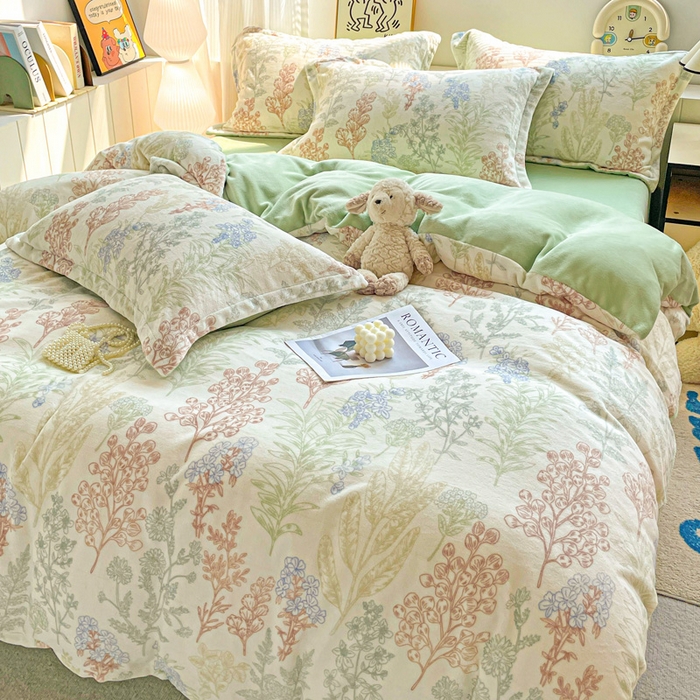 91家纺网 家纺一手货源 找家纺 简一 2025新款小清新牛奶绒印花四件套-花卉系列 幽兰花谷