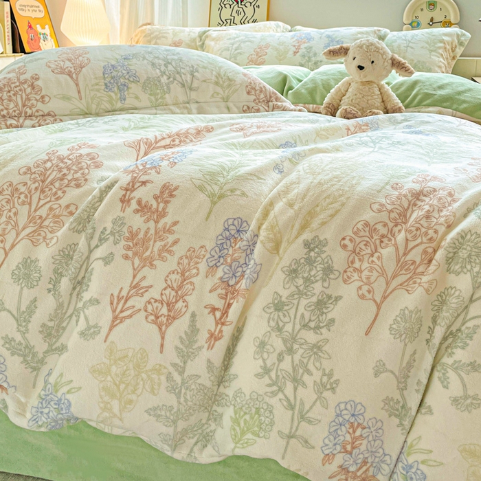 91家纺网 家纺一手货源 找家纺 简一 2025新款小清新牛奶绒印花四件套-花卉系列 幽兰花谷