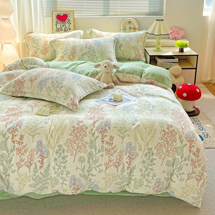 91家纺网 家纺一手货源 找家纺 简一 2025新款小清新牛奶绒印花四件套-花卉系列 幽兰花谷