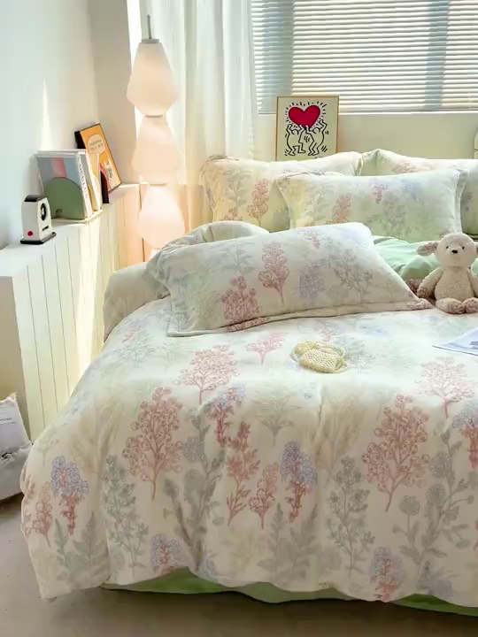 91家纺网 家纺一手货源 找家纺 简一 2025新款小清新牛奶绒印花四件套-花卉系列 幽兰花谷