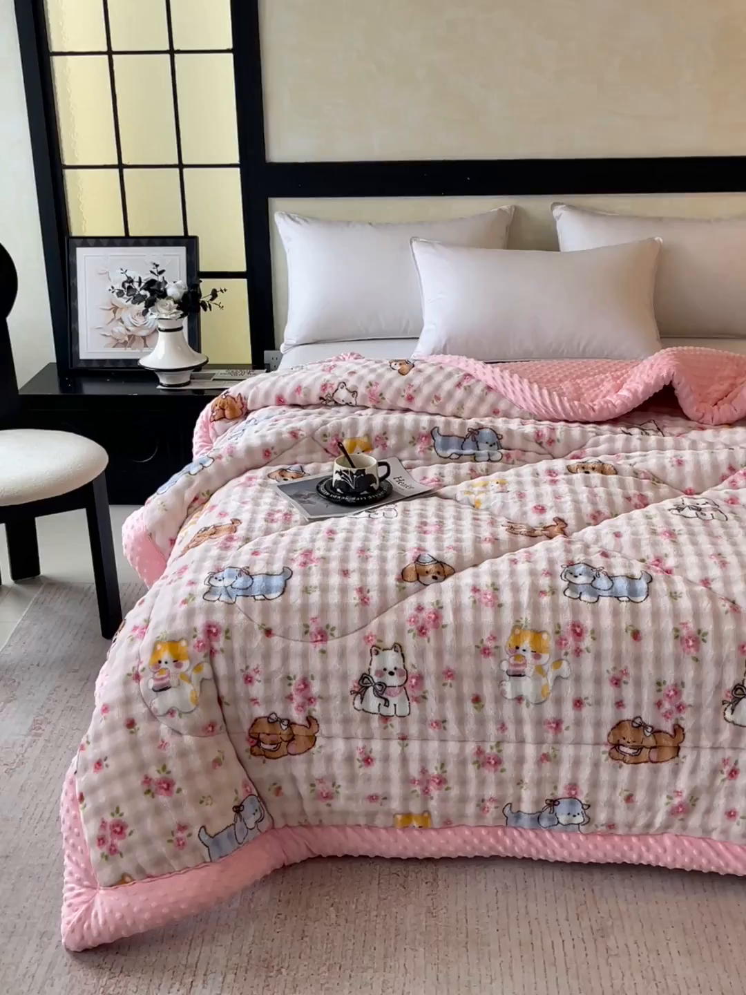 91家纺网 家纺一手货源 找家纺 云家 2025直播热款兔兔绒豆豆被三层夹棉加厚毛毯毯子牛奶绒冬被泡泡兔毛绒保暖被子被芯 萌宠派对