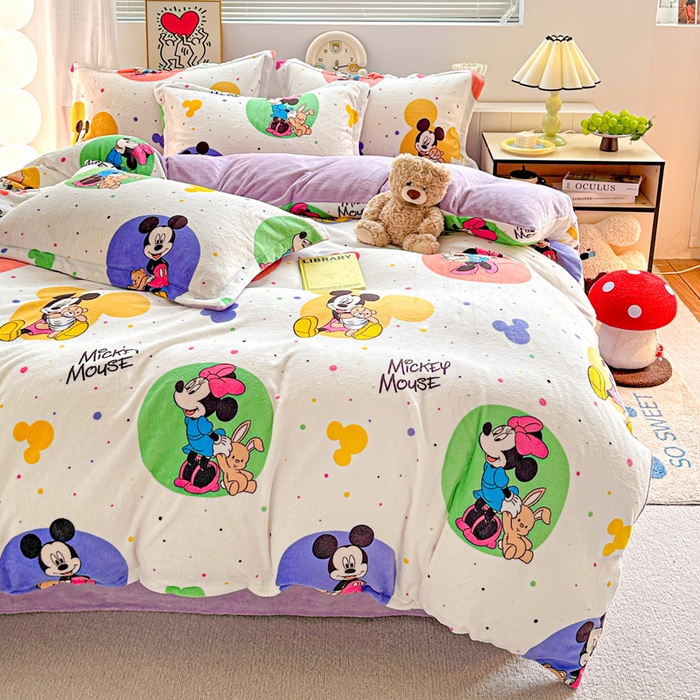 91家纺网 家纺一手货源 找家纺 简一 2025新款小清新牛奶绒印花四件套-卡通系列 马卡米奇