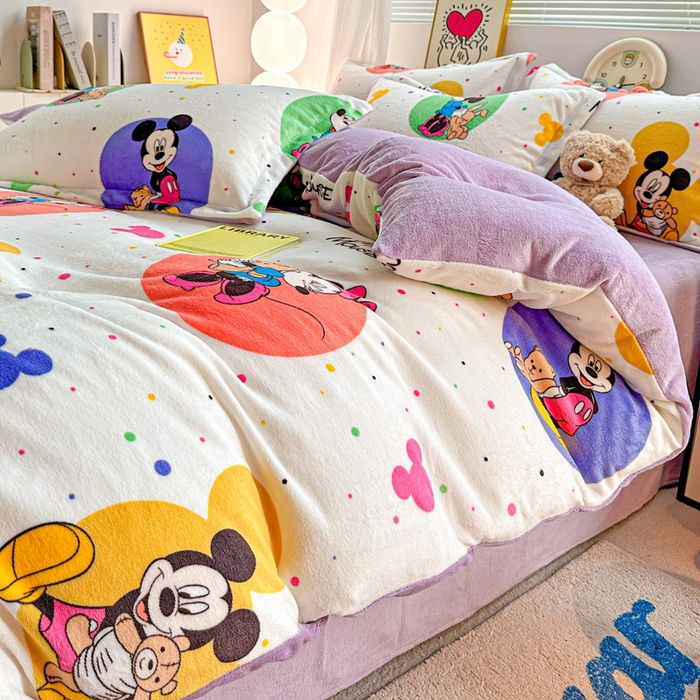 91家纺网 家纺一手货源 找家纺 简一 2025新款小清新牛奶绒印花四件套-卡通系列 马卡米奇