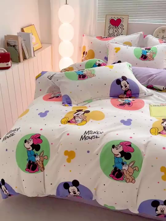 91家纺网 家纺一手货源 找家纺 简一 2025新款小清新牛奶绒印花四件套-卡通系列 马卡米奇