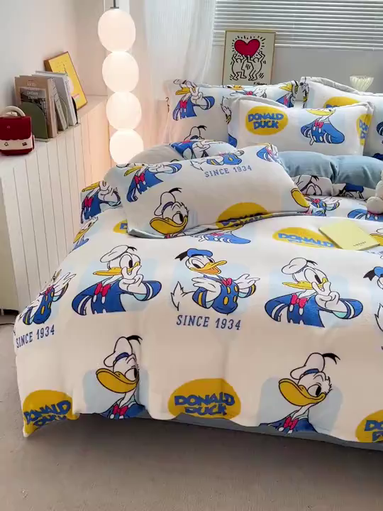 91家纺网 家纺一手货源 找家纺 简一 2025新款小清新牛奶绒印花四件套-卡通系列 唐老鸭