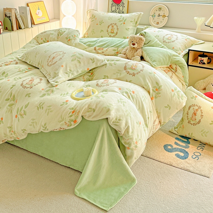 91家纺网 家纺一手货源 找家纺 简一 2025新款小清新牛奶绒印花四件套-卡通系列 叶畔兔语