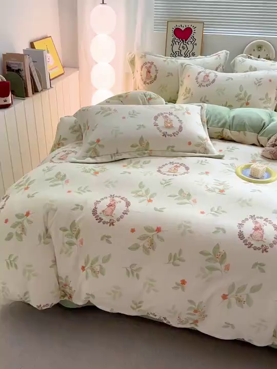 91家纺网 家纺一手货源 找家纺 （总）简一 2025新款小清新牛奶绒印花四件套-卡通系列