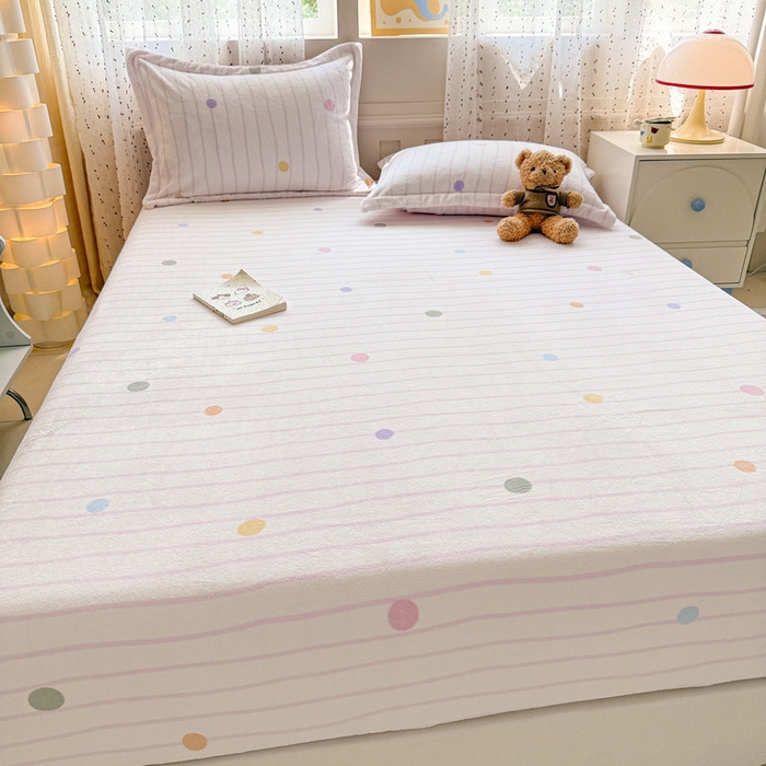 91家纺网 家纺一手货源 找家纺 丽美人 2025新款高克重印花牛奶绒无印风床笠款（A类母婴级面料） 波点粉条