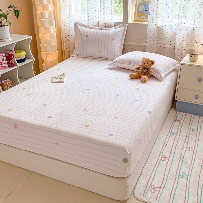 91家纺网 家纺一手货源 找家纺 丽美人 2025新款高克重印花牛奶绒无印风床笠款（A类母婴级面料） 波点粉条