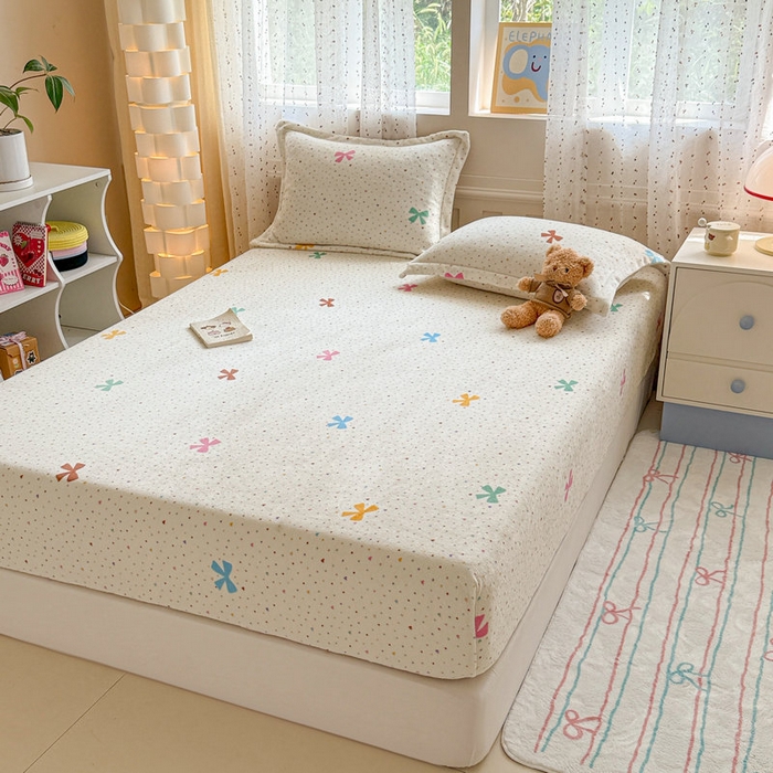 91家纺网 家纺一手货源 找家纺 丽美人 2025新款高克重印花牛奶绒无印风床笠款（A类母婴级面料） 波点蝴蝶结