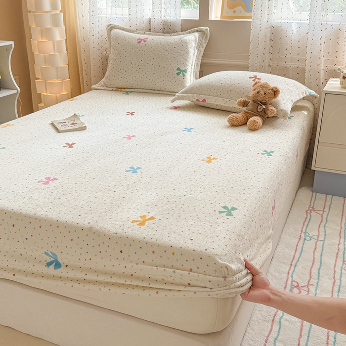 91家纺网 家纺一手货源 找家纺 丽美人 2025新款高克重印花牛奶绒无印风床笠款（A类母婴级面料） 波点蝴蝶结