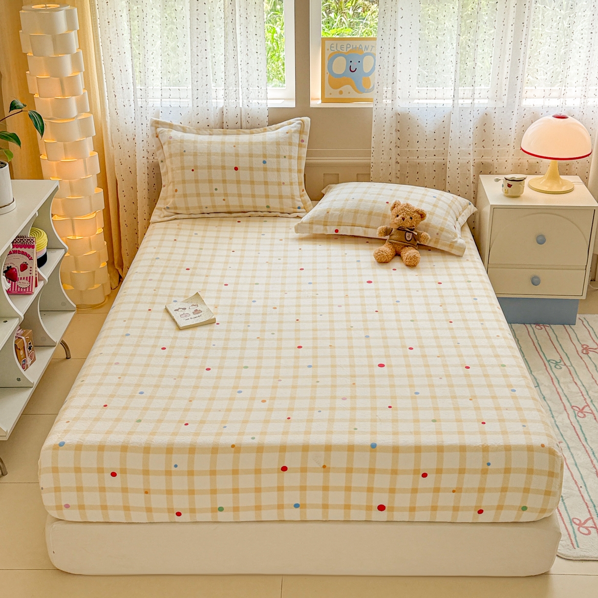 91家纺网 家纺一手货源 找家纺 丽美人 2025新款高克重印花牛奶绒无印风床笠款（A类母婴级面料） 波点黄格