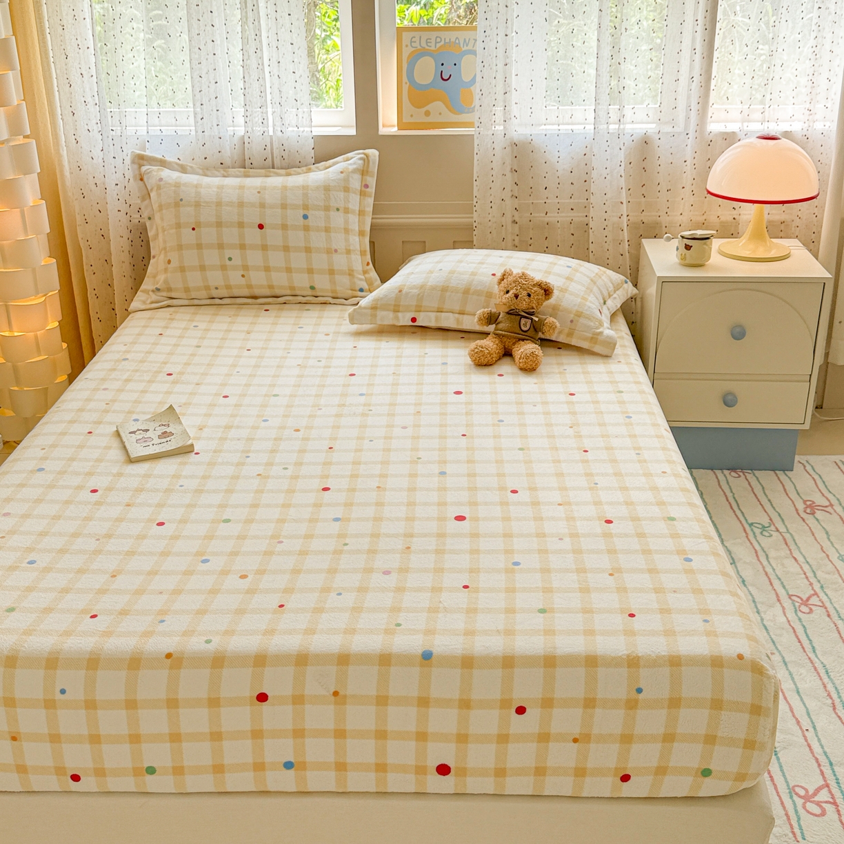 91家纺网 家纺一手货源 找家纺 丽美人 2025新款高克重印花牛奶绒无印风床笠款（A类母婴级面料） 波点黄格