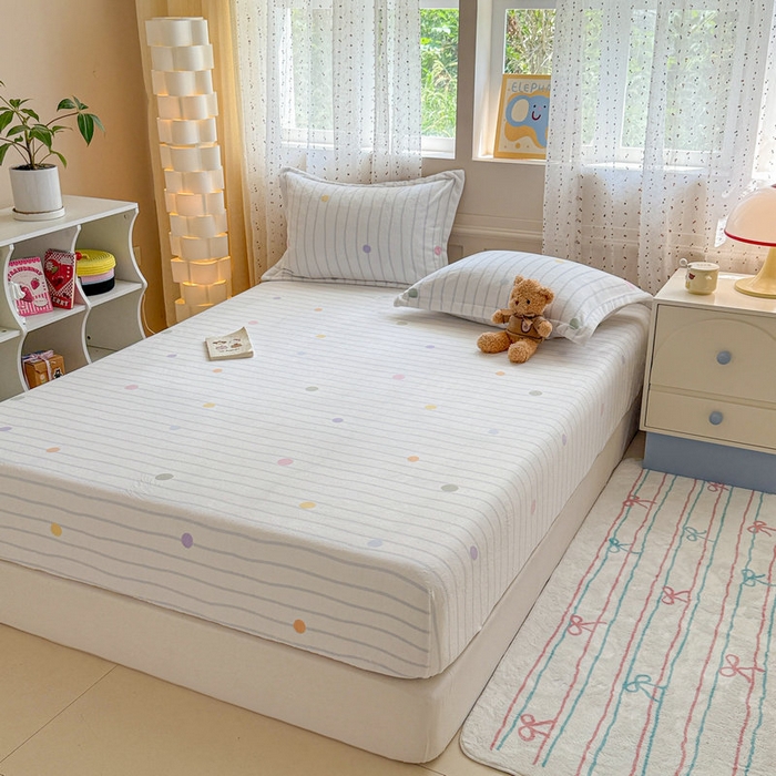 91家纺网 家纺一手货源 找家纺 丽美人 2025新款高克重印花牛奶绒无印风床笠款（A类母婴级面料） 波点蓝条