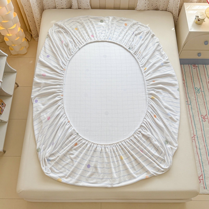 91家纺网 家纺一手货源 找家纺 丽美人 2025新款高克重印花牛奶绒无印风床笠款（A类母婴级面料） 波点蓝条