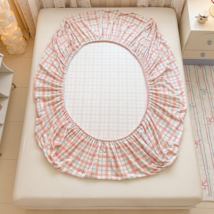 91家纺网 家纺一手货源 找家纺 丽美人 2025新款高克重印花牛奶绒无印风床笠款（A类母婴级面料） 蓝粉大格