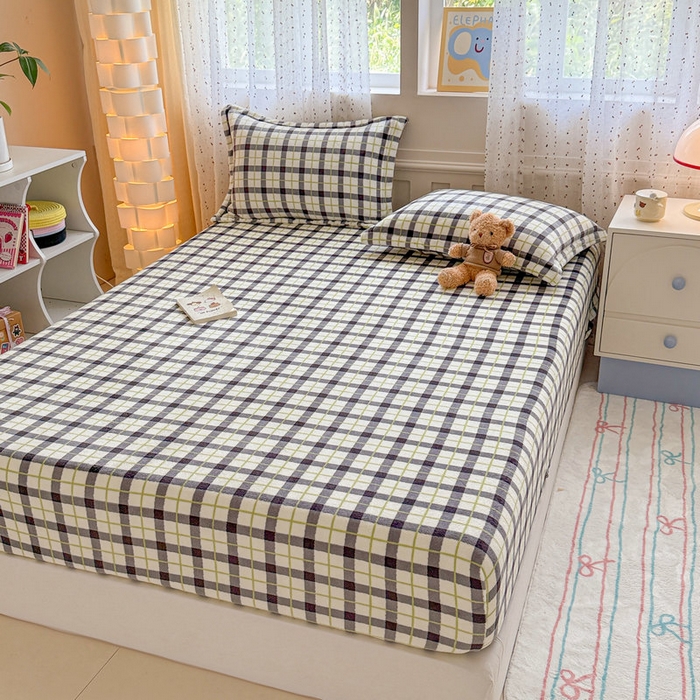 91家纺网 家纺一手货源 找家纺 丽美人 2025新款高克重印花牛奶绒无印风床笠款（A类母婴级面料） 浅绿灰格