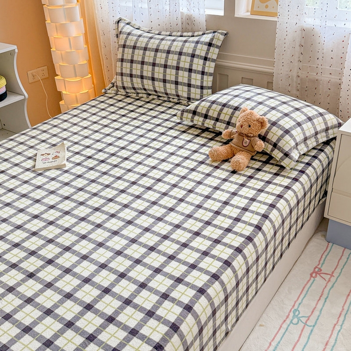 91家纺网 家纺一手货源 找家纺 丽美人 2025新款高克重印花牛奶绒无印风床笠款（A类母婴级面料） 浅绿灰格