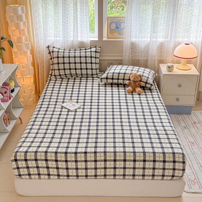 91家纺网 家纺一手货源 找家纺 丽美人 2025新款高克重印花牛奶绒无印风床笠款（A类母婴级面料） 浅绿灰格