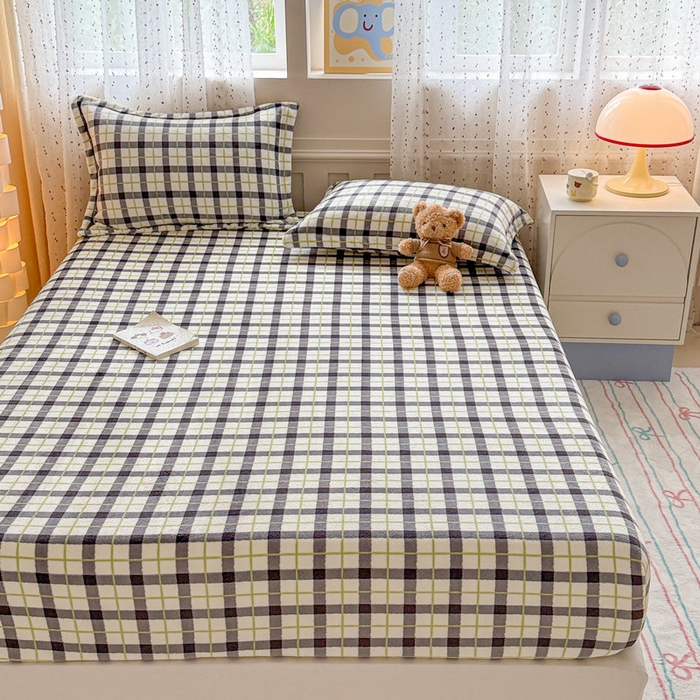 91家纺网 家纺一手货源 找家纺 丽美人 2025新款高克重印花牛奶绒无印风床笠款（A类母婴级面料） 浅绿灰格