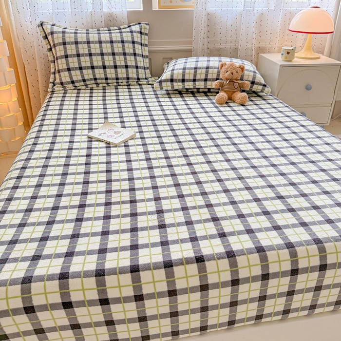 91家纺网 家纺一手货源 找家纺 丽美人 2025新款高克重印花牛奶绒无印风床笠款（A类母婴级面料） 浅绿灰格