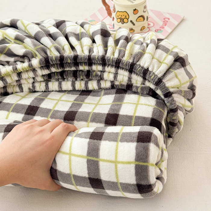 丽美人 2025新款高克重印花牛奶绒无印风床笠款（A类母婴级面料） 浅绿灰格